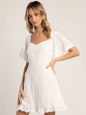 Lulu's the Morning in Mallorca White Cotton Eyelet Short Sleeve Mini Dress